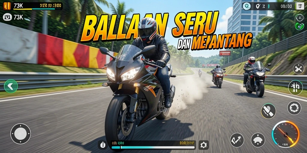 Gameplay seru dalam 73K dengan balapan motor di lintasan menantang.