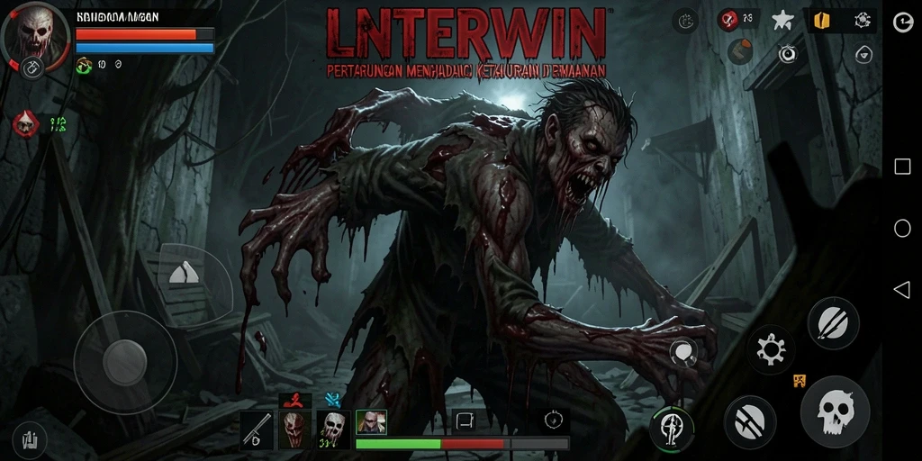 Screenshot gameplay LNTERWIN menampilkan suasana mencekam dan atmosfer horror yang kuat.