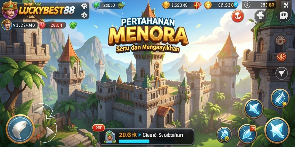 Tampilan menarik dari gameplay Tower Defense LUCKYBEST88 dengan menara berwarna-warni.