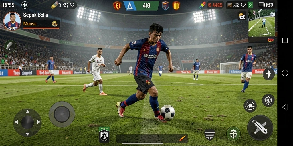 Screenshot gameplay RP55 menampilkan aksi sepak bola yang intens dan seru.