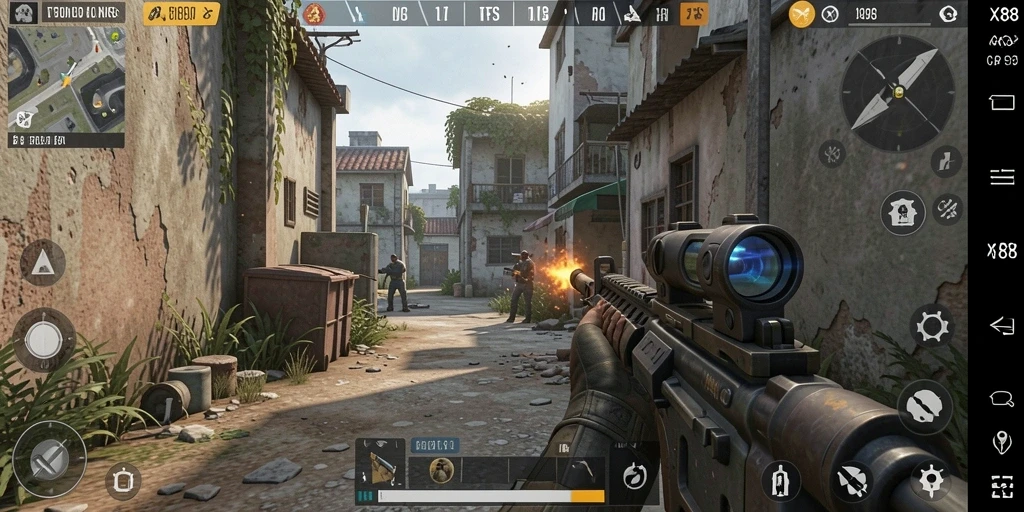 Screenshot gameplay X88 menampilkan aksi menembak yang intens dan menegangkan.